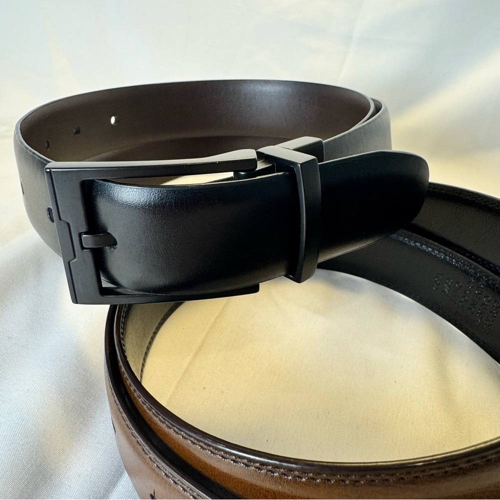 Two Perry Ellis Brown/Black Leather Reversible Belts - Black/Gunmetal 30/32 - Picture 2 of 13